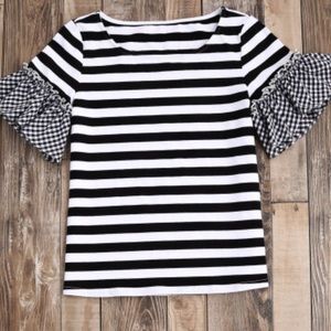 Striped Gingham Ruffle Sleeve T-Shirt